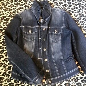 ETCETERA Stand-up Pleat Collar Jean Jacket Stretch Denim Blue/Black 6 MSRP $398
